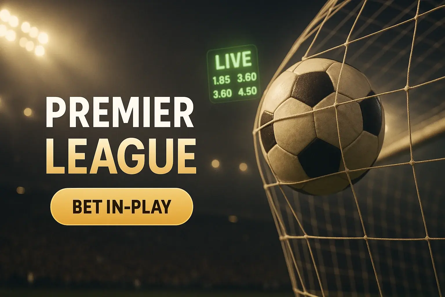 Photorealistic Premier League stadium banner with live odds board and CTA