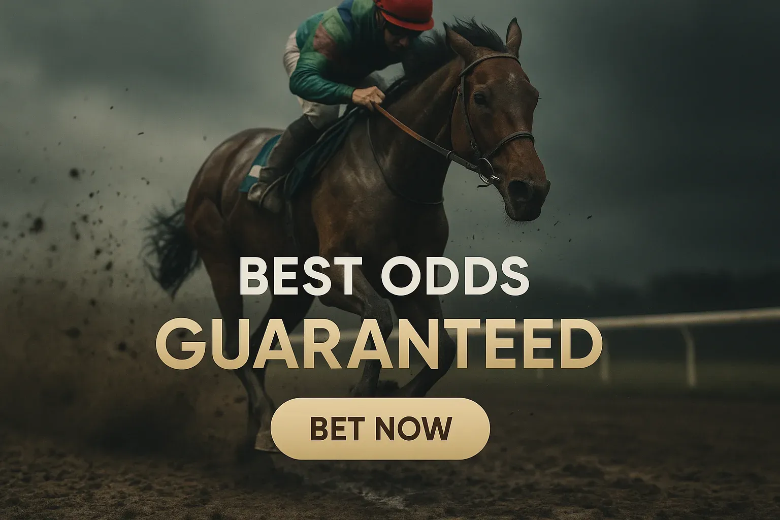Dramatic racehorse galloping banner with Best Odds Guaranteed and Bet Now