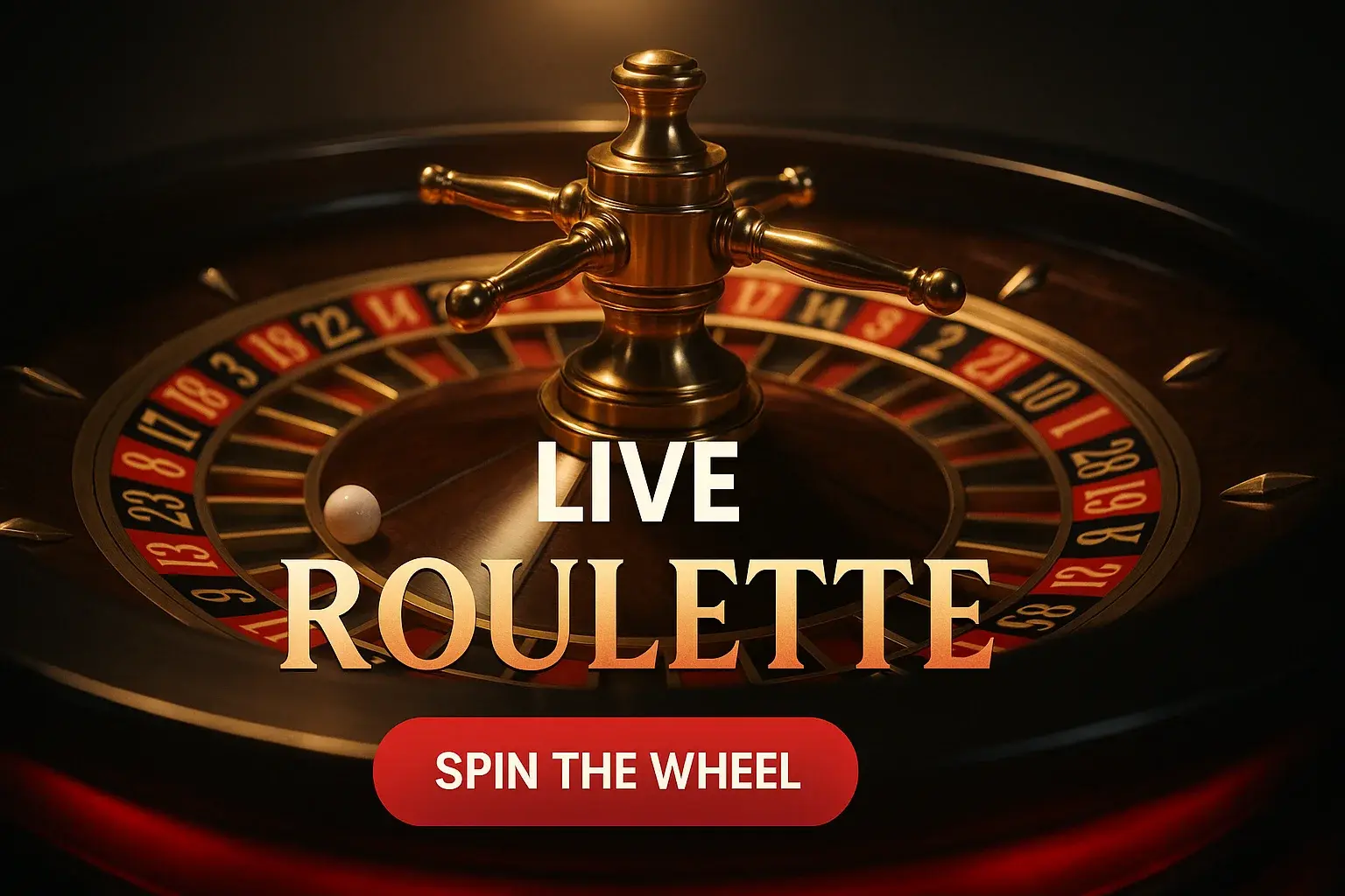 Photorealistic live roulette casino banner with spinning wheel and CTA button