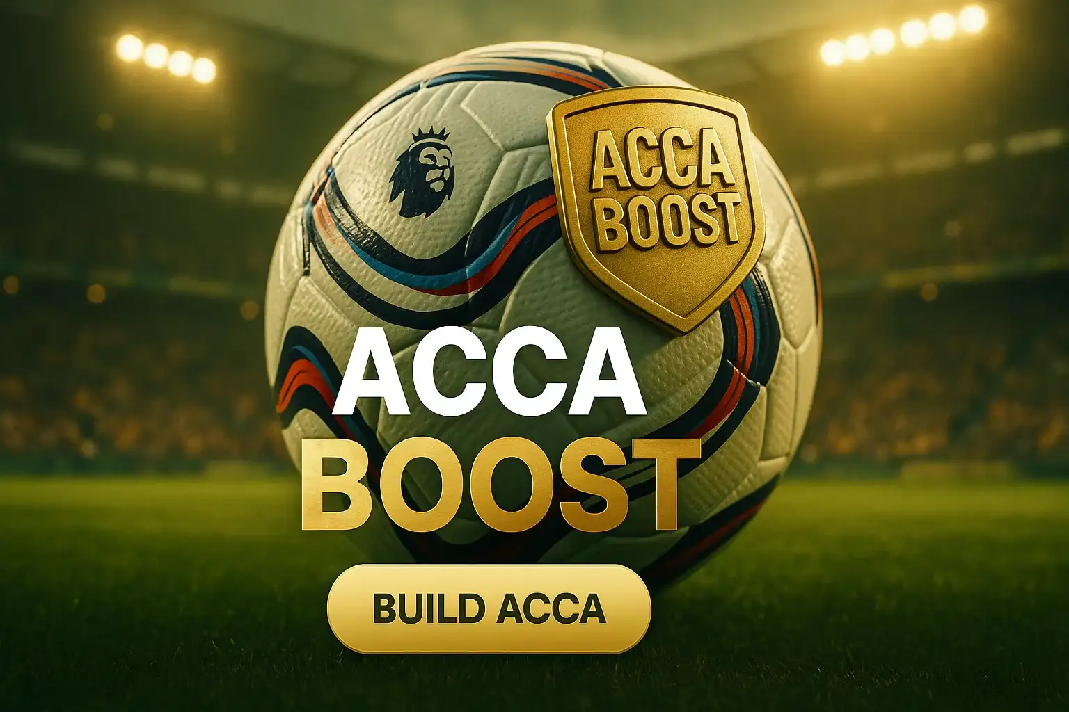 Photorealistic football betting banner with glowing ball, gold Acca Boost badge