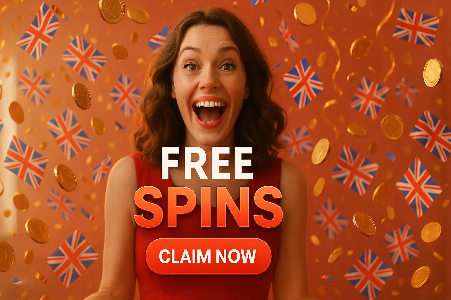 British woman in red dress with Union Jack confetti and gold coins