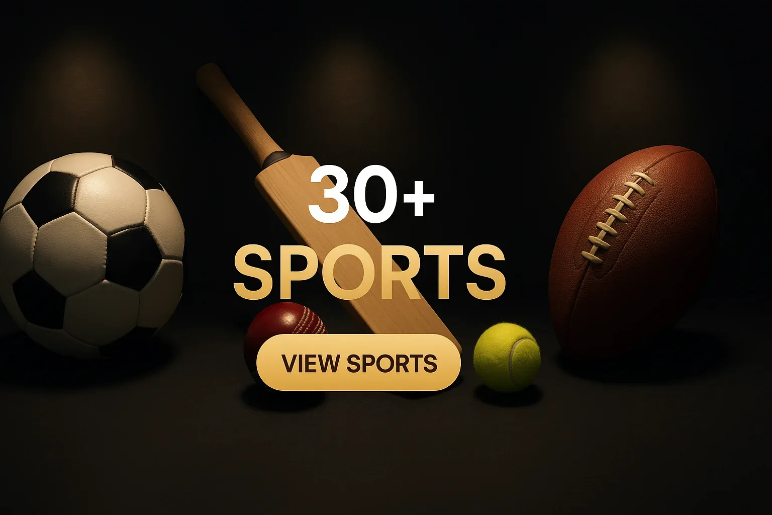 Wide banner with British sports balls and gold sports betting CTA